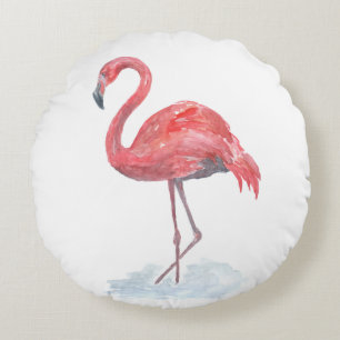 Pink Flamingo, watercolor . Round Cushion