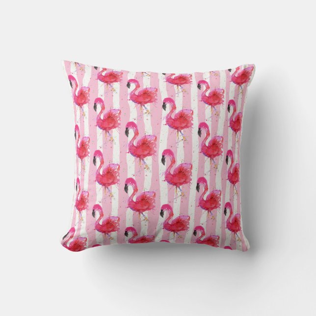 Pink Flamingo Watercolor Throw Pillow (Front)
