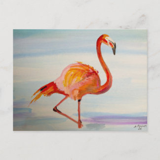 Pink Flamingo Watercolor Tropical Art Postcard