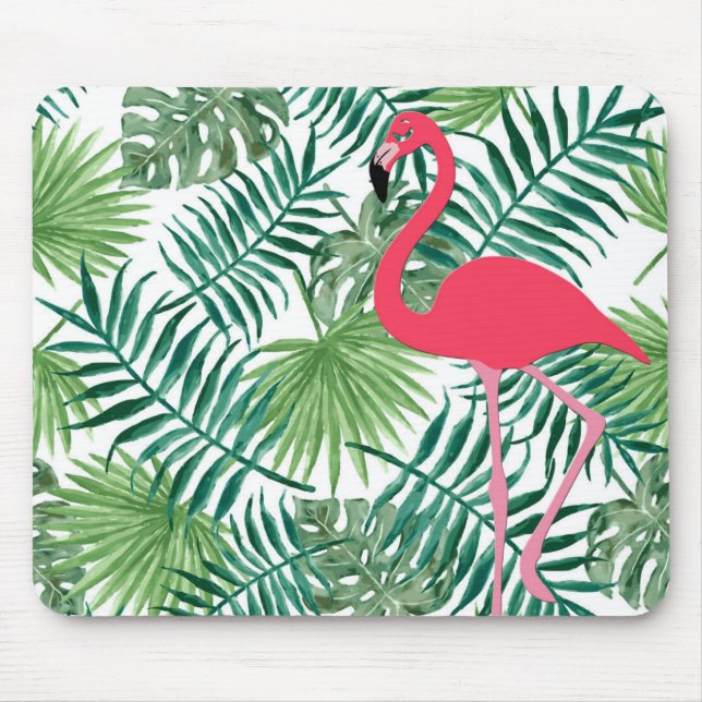 Pink Flamingo Watercolour Tropical Leaf Print Mouse Mat (Front)