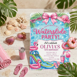  Pink Flamingo Waterslide Pool Party Birthday  Invitation