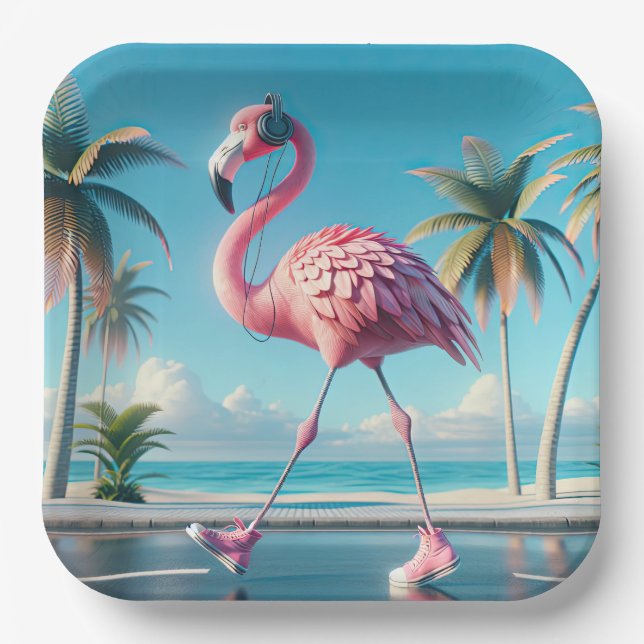 Pink Flamingo Wearing Sneakers and Headphones Paper Plate (Front)