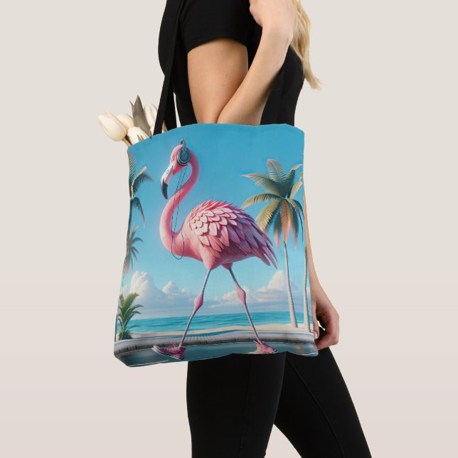 Pink Flamingo Wearing Sneakers and Headphones Tote Bag (Close Up)