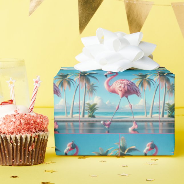 Pink Flamingo Wearing Sneakers and Headphones Wrapping Paper (Birthday Party)