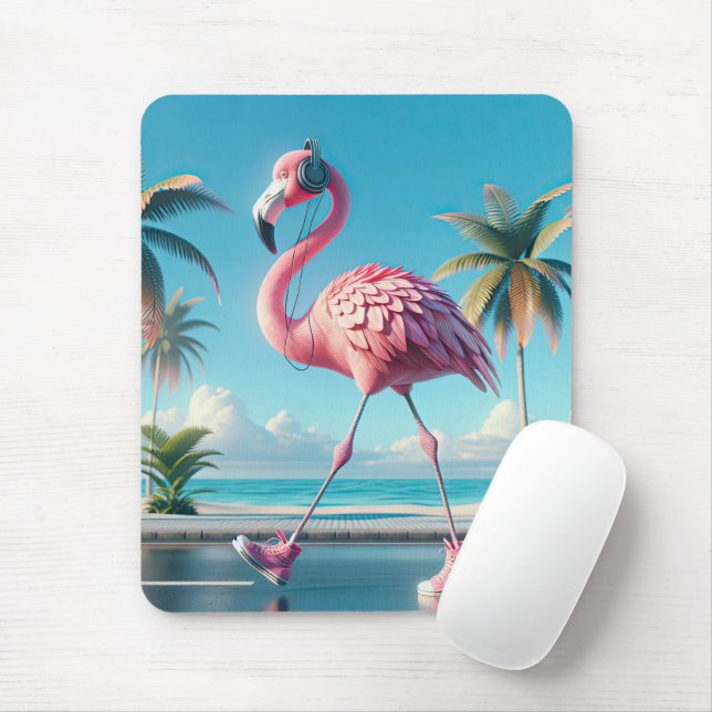 Pink Flamingo Wearing Sneakers Mouse Mat (With Mouse)
