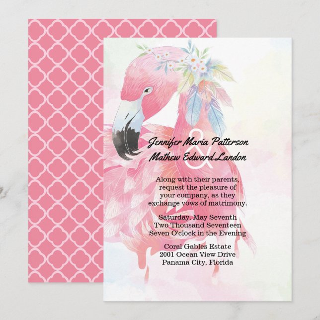 Pink Flamingo Wedding Invitation (Front/Back)