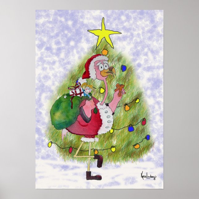 Pink Flamingo Whimsical Merry Christmas Poster (Front)