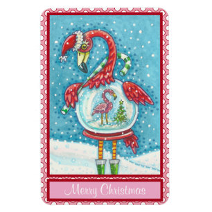 PINK FLAMINGO WHITE CHRISTMAS SNOW GLOBE MAGNET