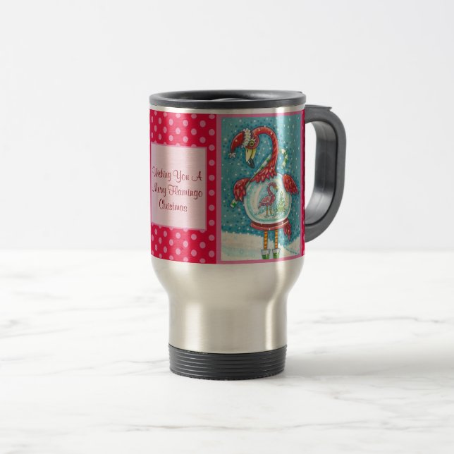 PINK FLAMINGO, WHITE CHRISTMAS TRAVEL COMMUTER MUG (Front Right)