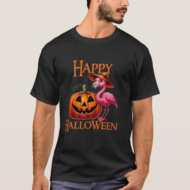 Pink Flamingo Witch Costume Pumpkin Happy Hallowee T-Shirt (Front)