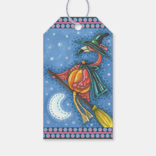 PINK FLAMINGO WITCH, FLYING OVER MOON ON A BROOM GIFT TAGS
