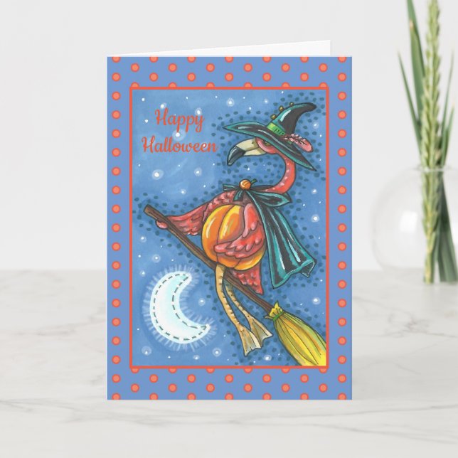 PINK FLAMINGO WITCH, FLYING OVER MOON ON A BROOM HOLIDAY CARD (Front)
