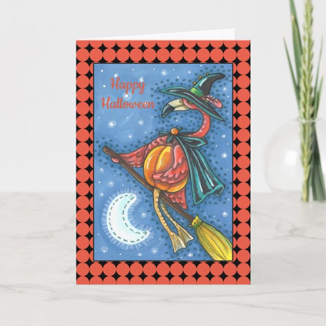 PINK FLAMINGO WITCH, FLYING OVER MOON ON A BROOM HOLIDAY CARD (Front)
