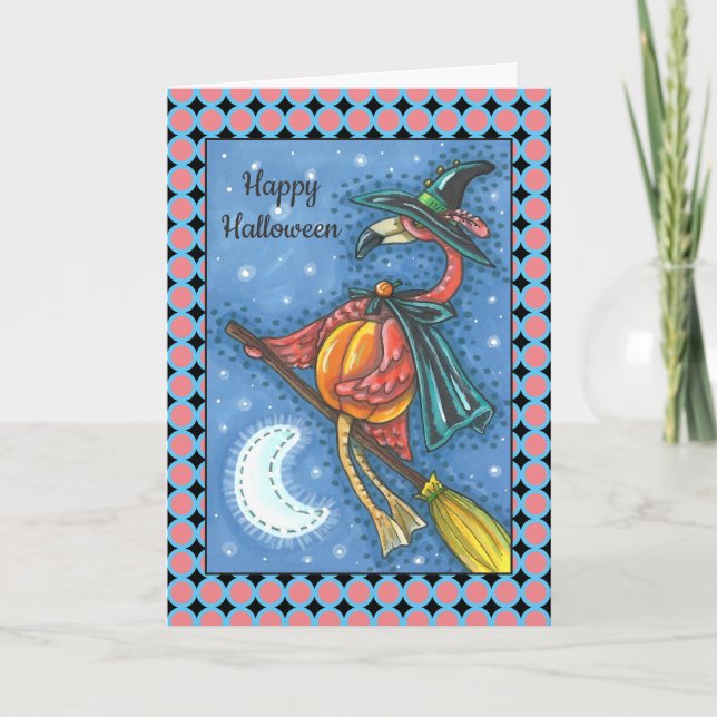PINK FLAMINGO WITCH, FLYING OVER MOON ON A BROOM HOLIDAY CARD (Front)