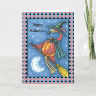PINK FLAMINGO WITCH, FLYING OVER MOON ON A BROOM HOLIDAY CARD