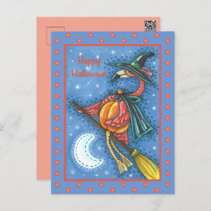 PINK FLAMINGO WITCH, FLYING OVER MOON ON A BROOM HOLIDAY POSTCARD