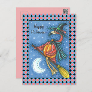 PINK FLAMINGO WITCH, FLYING OVER MOON ON A BROOM HOLIDAY POSTCARD