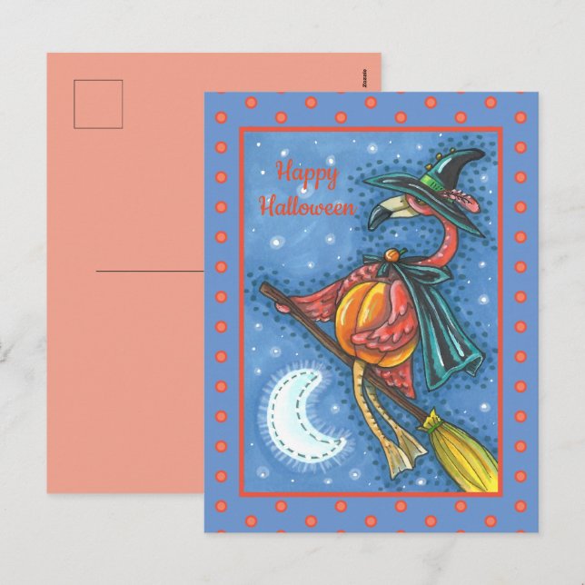 PINK FLAMINGO WITCH, FLYING OVER MOON ON A BROOM HOLIDAY POSTCARD (Front/Back)