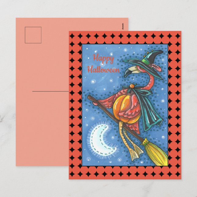 PINK FLAMINGO WITCH, FLYING OVER MOON ON A BROOM HOLIDAY POSTCARD (Front/Back)