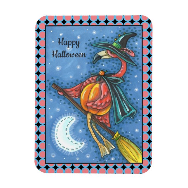 PINK FLAMINGO WITCH, FLYING OVER MOON ON A BROOM MAGNET (Vertical)