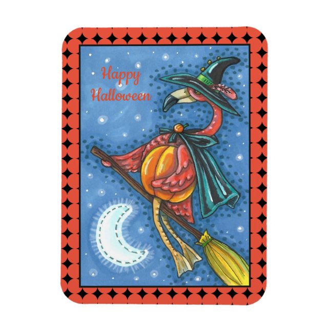 PINK FLAMINGO WITCH, FLYING OVER MOON ON A BROOM MAGNET (Vertical)