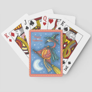 PINK FLAMINGO WITCH, FLYING OVER MOON ON A BROOM PLAYING CARDS