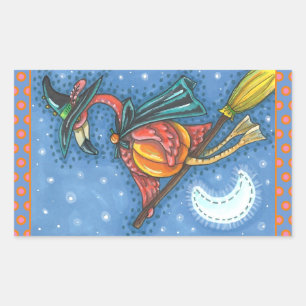 PINK FLAMINGO WITCH, FLYING OVER MOON ON A BROOM RECTANGULAR STICKER