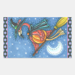 PINK FLAMINGO WITCH, FLYING OVER MOON ON A BROOM RECTANGULAR STICKER