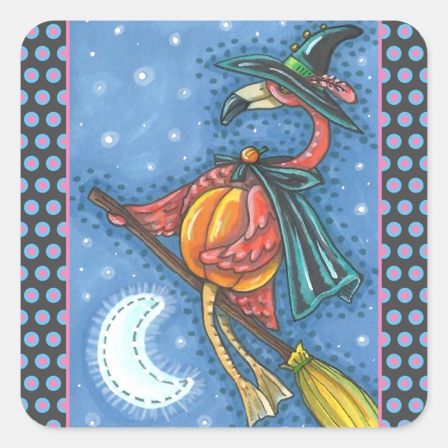 PINK FLAMINGO WITCH, FLYING OVER MOON ON A BROOM SQUARE STICKER (Front)
