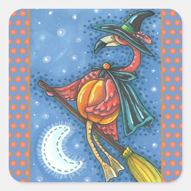 PINK FLAMINGO WITCH, FLYING OVER MOON ON A BROOM SQUARE STICKER (Front)
