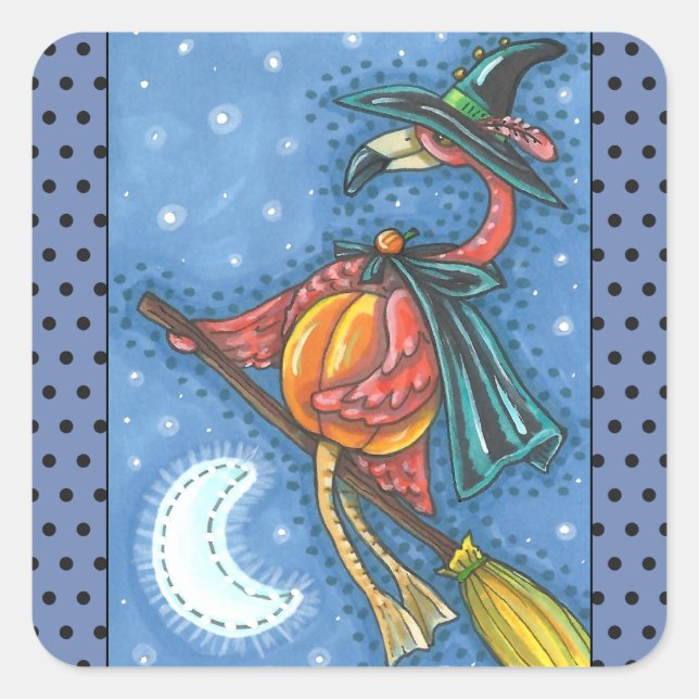 PINK FLAMINGO WITCH, FLYING OVER MOON ON A BROOM SQUARE STICKER (Front)
