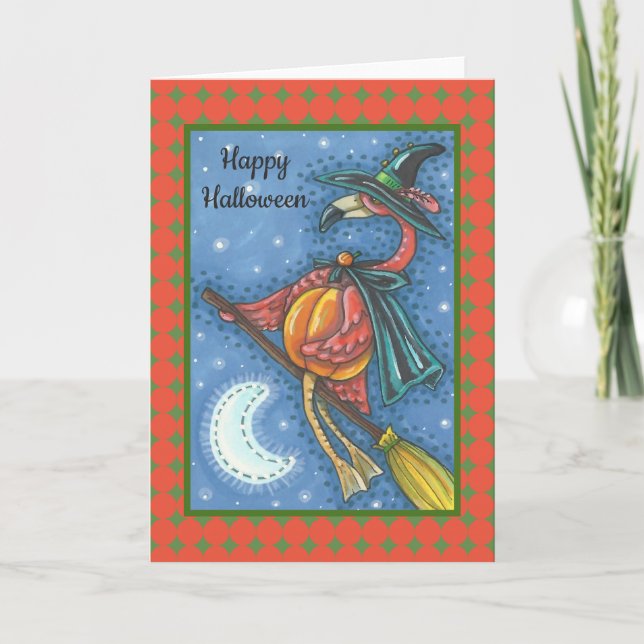 PINK FLAMINGO WITCH HALLOWEEN GREETING CARD Blank (Front)