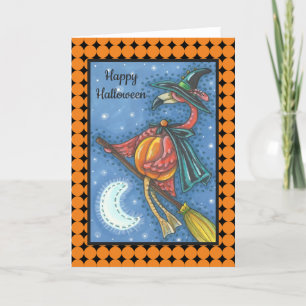 PINK FLAMINGO WITCH HALLOWEEN GREETING CARD Blank