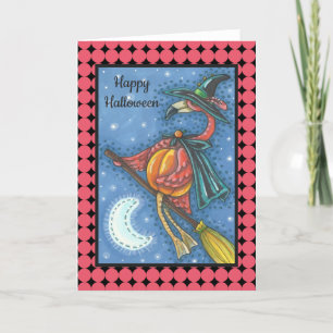 PINK FLAMINGO WITCH HALLOWEEN GREETING CARD Blank