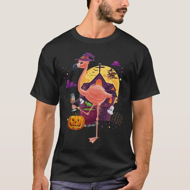 Pink Flamingo Witch Wine Pumpkin Halloween Costume T-Shirt (Front)