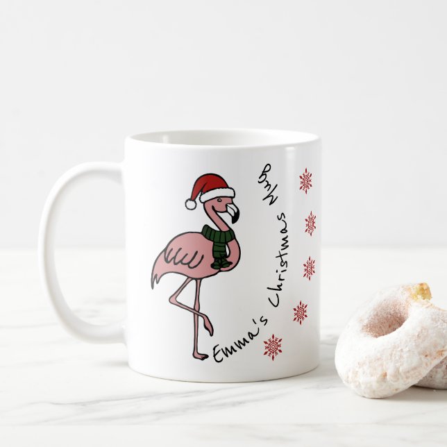 Pink flamingo with Christmas hat personalised name Coffee Mug (With Donut)