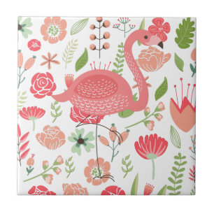 Pink Flamingo With Colourful Assorted Flowers Tile