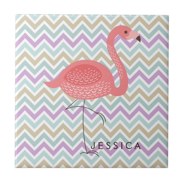 Pink Flamingo With Colourful Chevron Tile (Front)