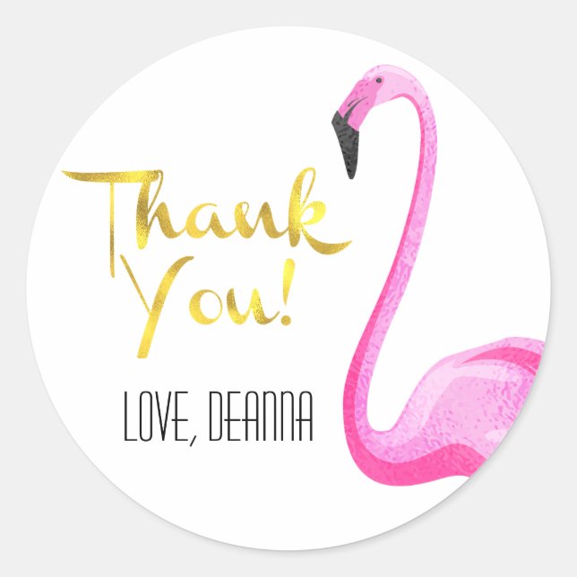 Pink Flamingo with Faux Gold Foil, Thank You Classic Round Sticker (Front)