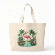 Pink Flamingo with Flowers and Palm Trees