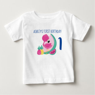 Pink Flamingo with Fruits First Birthday Baby T-Shirt