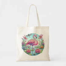 Pink Flamingo with Lotus and Dragonflies