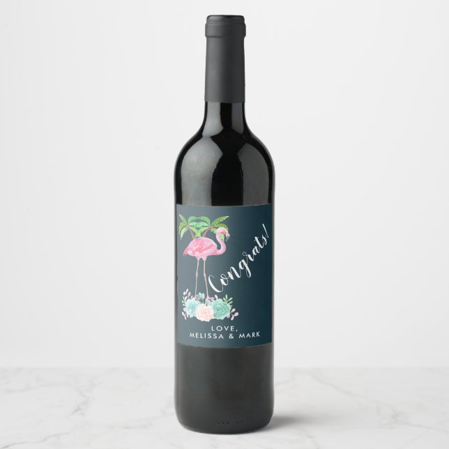 Pink Flamingo with Palm Trees Congrats Wine Label (Front)