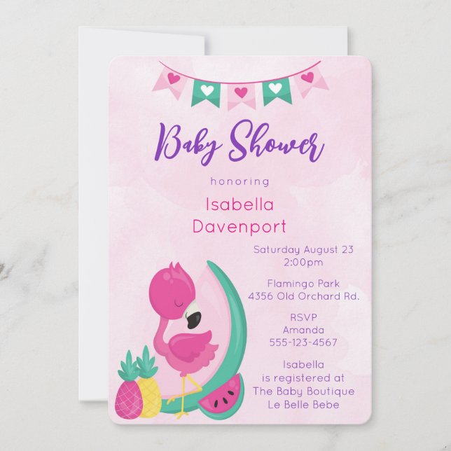Pink Flamingo with Pineapple & Watermelon Shower Invitation (Front)