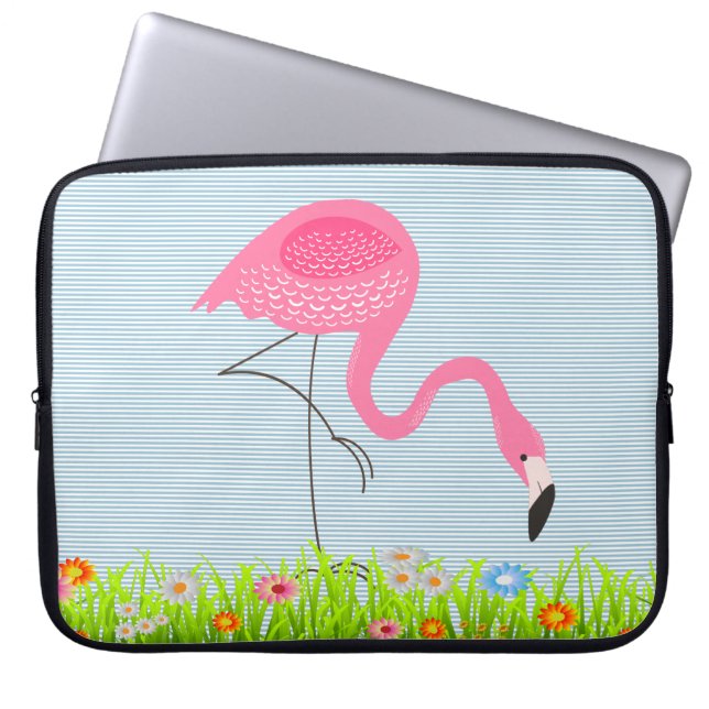 Pink Flamingo With Spring Flowers Laptop Sleeve (Front)