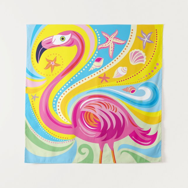 Pink Flamingo with Starfish Tapestry (Front)