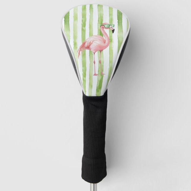 Pink Flamingo with Sunglasses Green Stripes Golf Head Cover (Front)