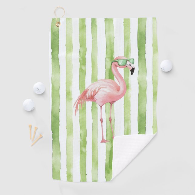 Pink Flamingo with Sunglasses Green Stripes Golf Towel (InSitu)