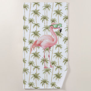 Pink Flamingo with Sunglasses Palm Trees Beach Towel