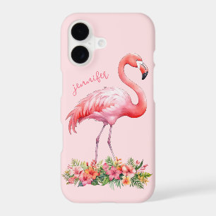 Pink Flamingo with Tropical Flowers
